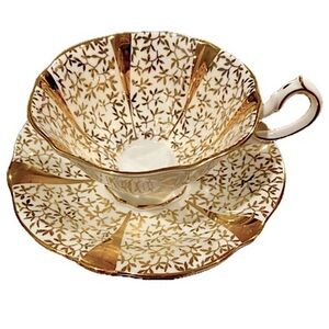 Queen Anne vintage tea cup & saucer, gold filigree pattern on white “Gold Lace”